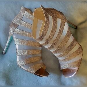 Betsey Johnson Glitter Striped Heels in Silver and Cream